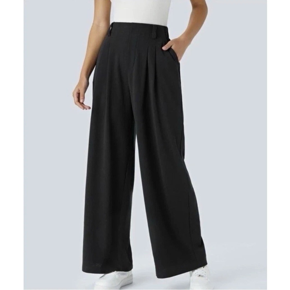 Halara Flex High Waisted Wide Leg Waffle Work Pant Womens Large Black Pull On